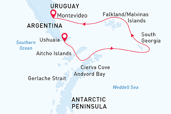 Falklands, South Georgia & Antarctica map route