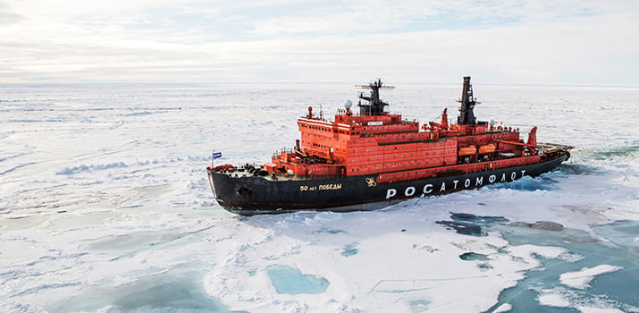 Nuclear-powered icebreaker 50 Years of Victory breaks the pack ice