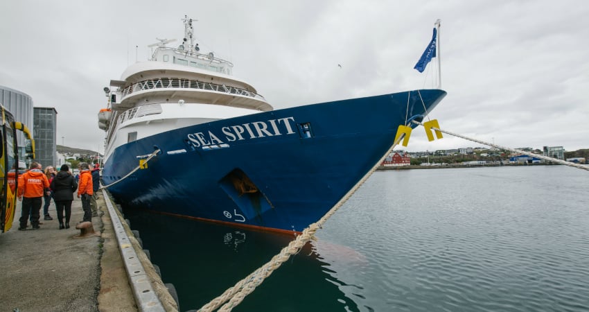 Expedition ship docked in Faroe Islands