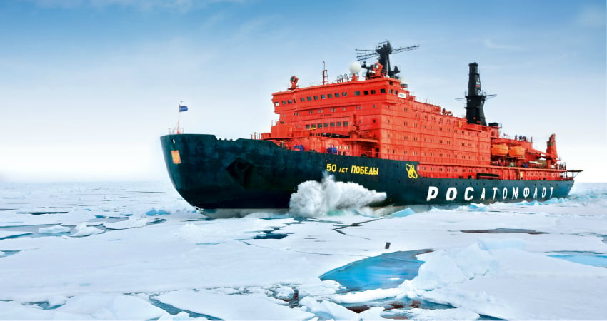 Nuclear-powered ship breaking the ice to the North Pole