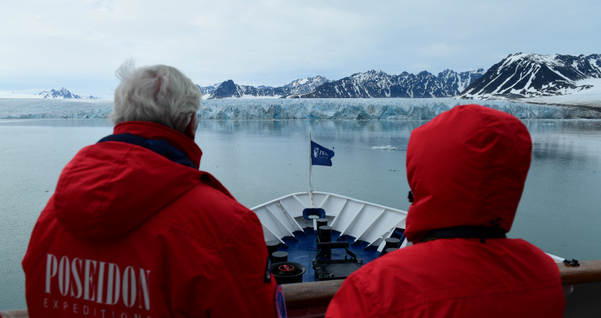 Waching glaciers from the expedition ship bow