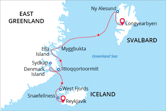 Svalbard, Greenland & Iceland map route