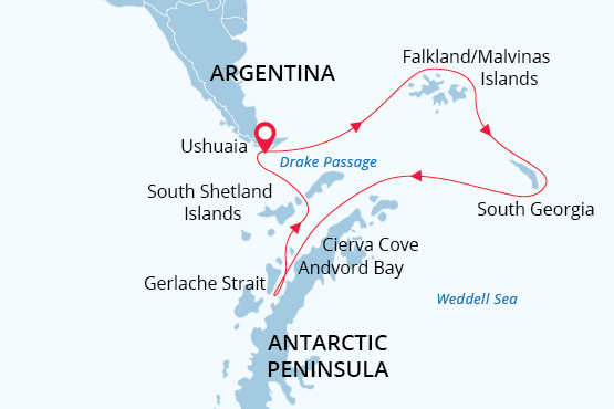Falklands, South Georgia & Antarctica map route