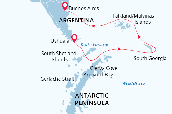 Falklands, South Georgia & Antarctica map route