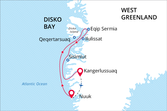 West Greenland and Disko Bay map route