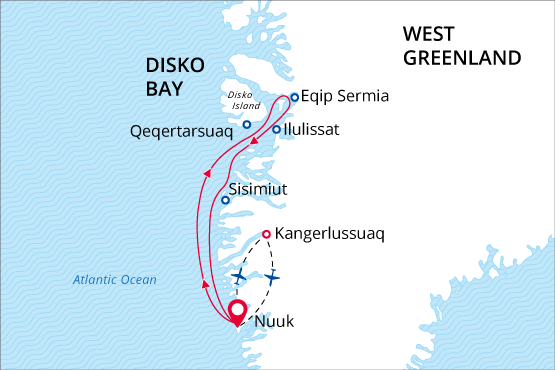 West Greenland and Disko Bay map route
