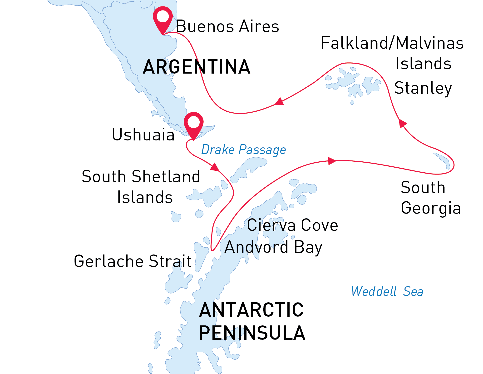 Falklands, South Georgia & Antarctica map route